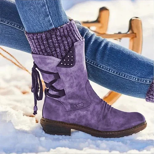 Women's Studded Ankle Boots with Knit Cuff - UrbanEdge Purple