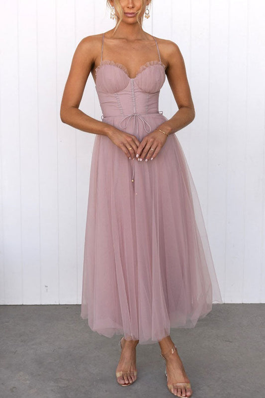 Women's Chiffon Maxi Dress - Elegant Flowy Tulle Overlay - GalaGown