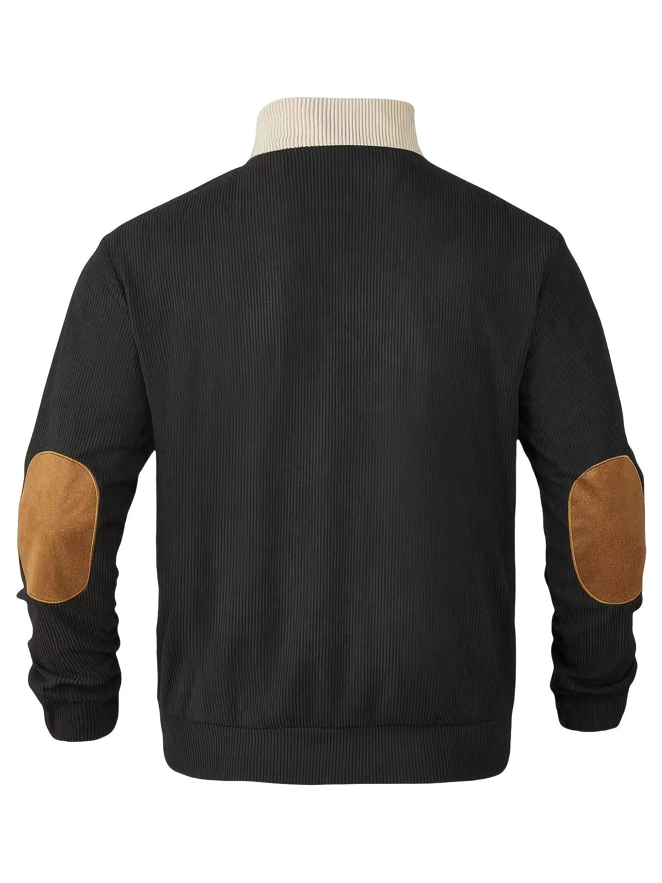 Men’s Ribbed Pullover Sweater - Quarter Button - Stand Collar - Long Sleeve - Elbow Patches