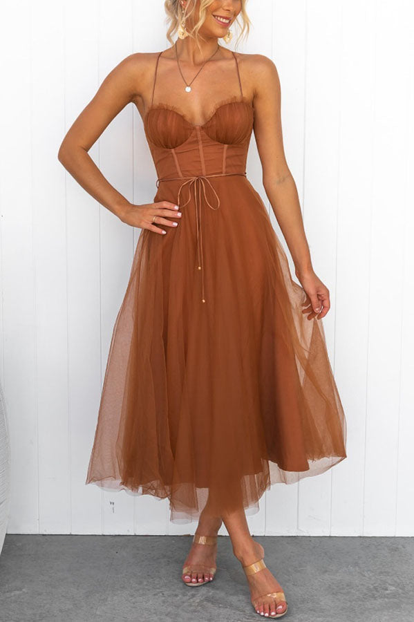 Women's Chiffon Maxi Dress - Elegant Flowy Tulle Overlay - GalaGown Rust
