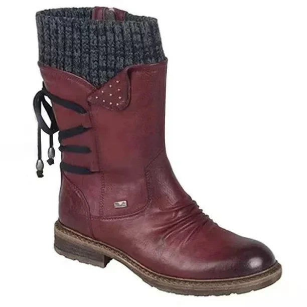 Women's Studded Ankle Boots with Knit Cuff - UrbanEdge Red