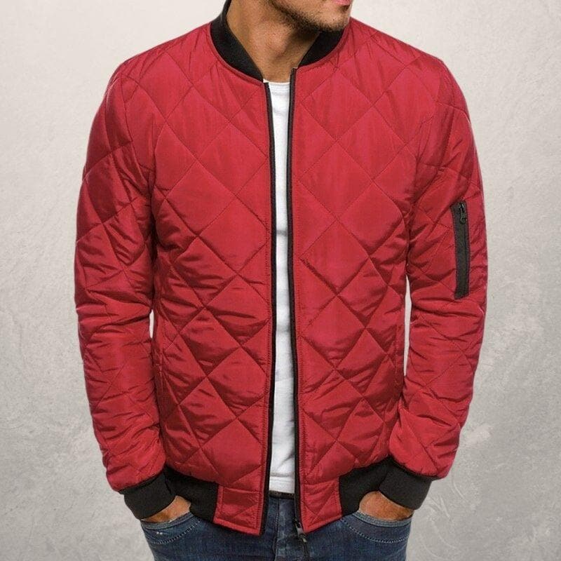 Men’s Bomber Jacket – Quilted Diamond Pattern – Wind Resistant – Ribbed Trim – Utility Pocket Red