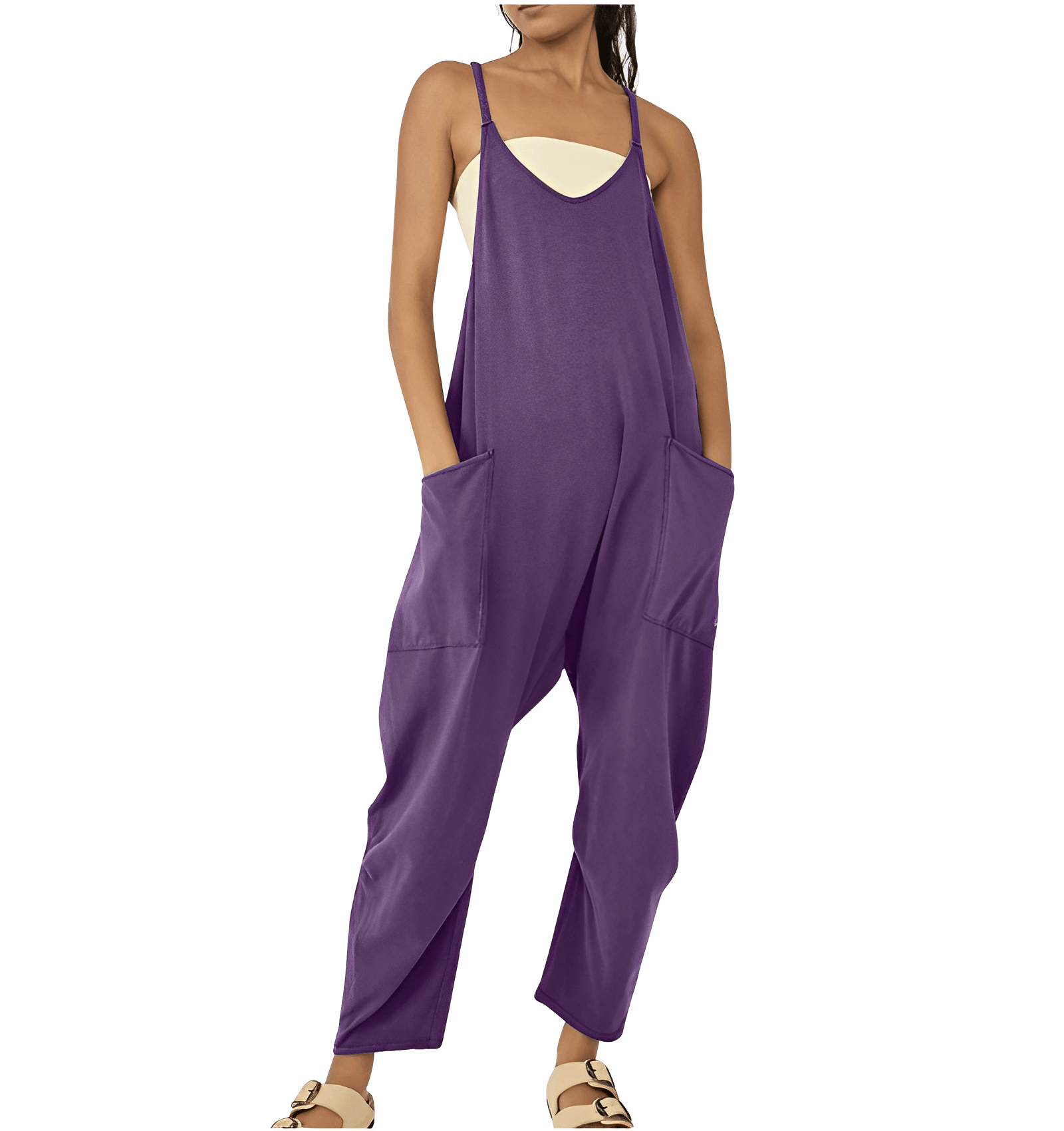 Sleeveless Casual Jumpsuit with Pockets for Women - ChicEase Dark purple