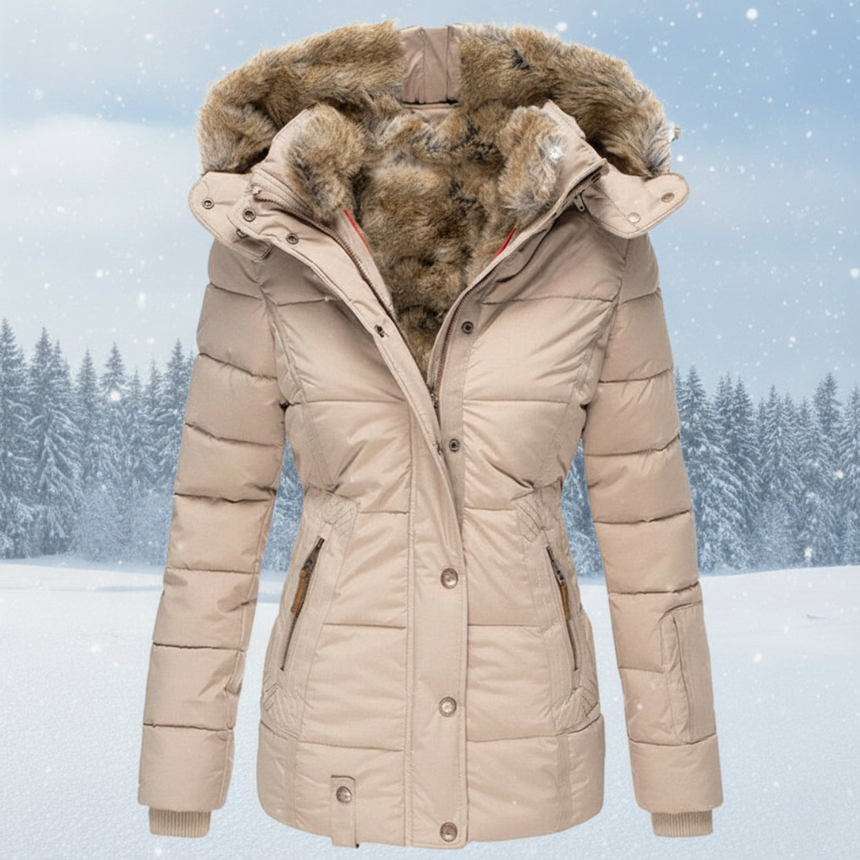 Women's Winter Parka Navy Blue Faux Fur Hood - ArcticGlow Beige