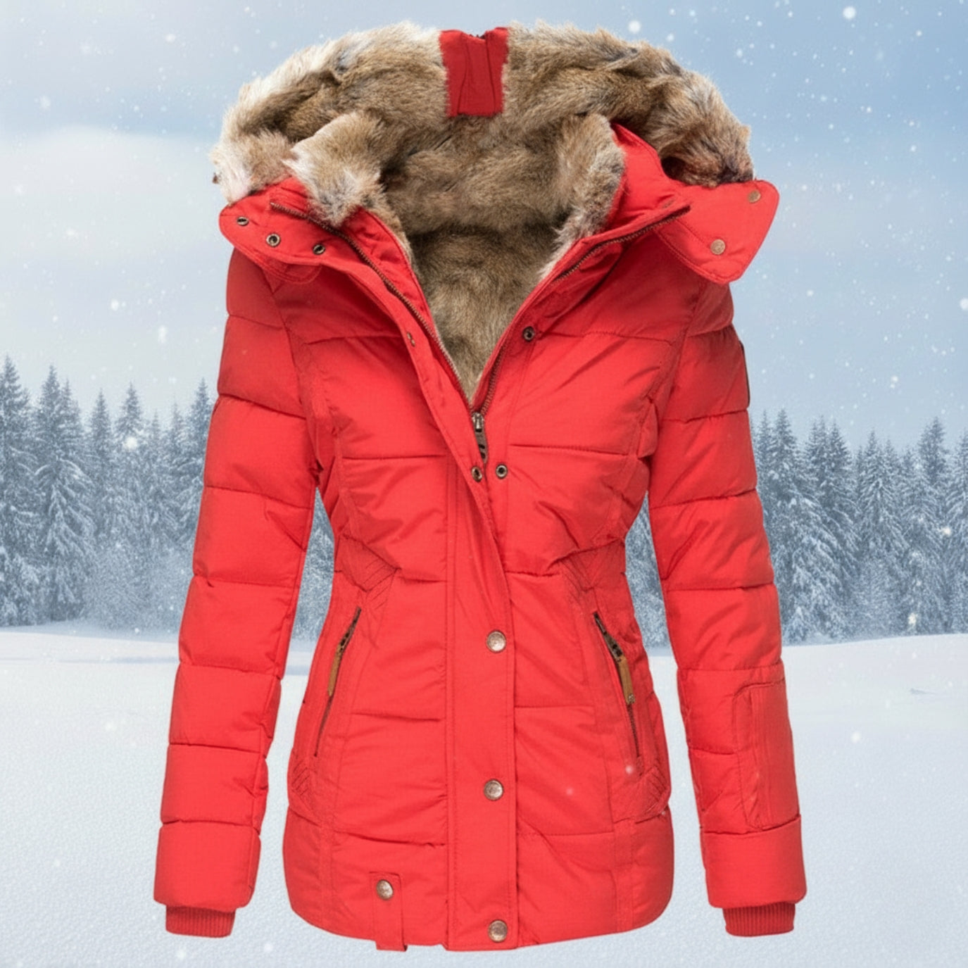 Women's Winter Parka Navy Blue Faux Fur Hood - ArcticGlow Red