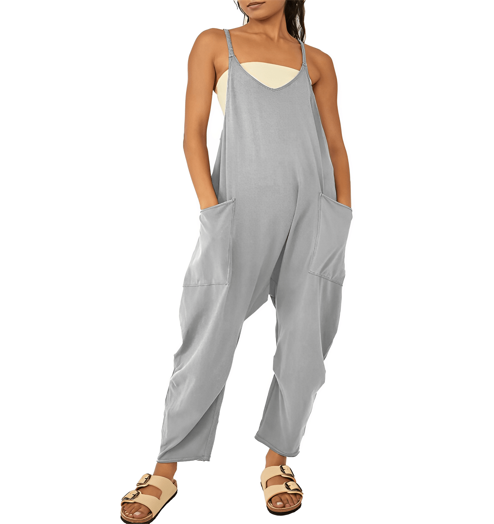 Sleeveless Casual Jumpsuit with Pockets for Women - ChicEase Grey