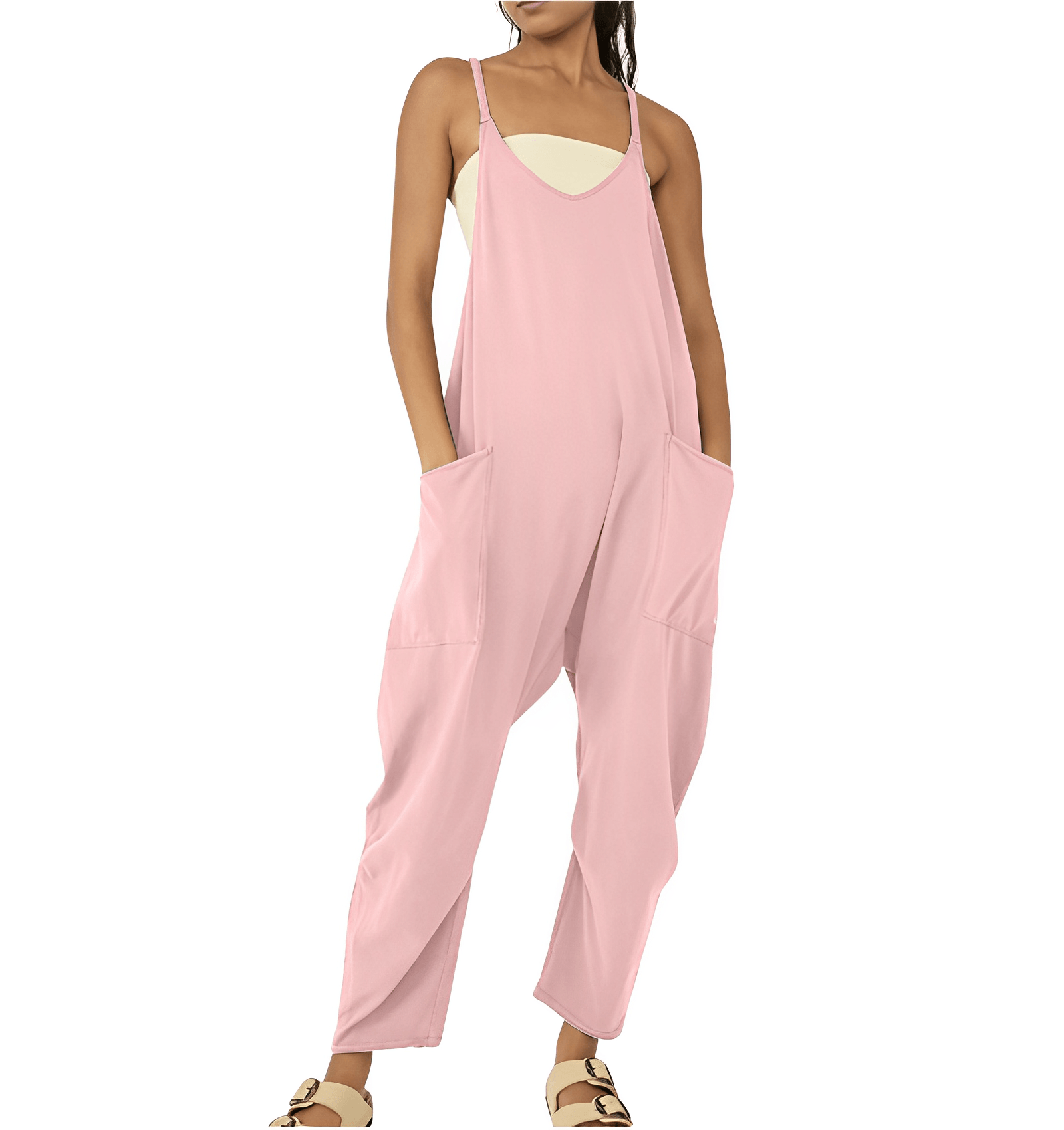 Sleeveless Casual Jumpsuit with Pockets for Women - ChicEase Pink