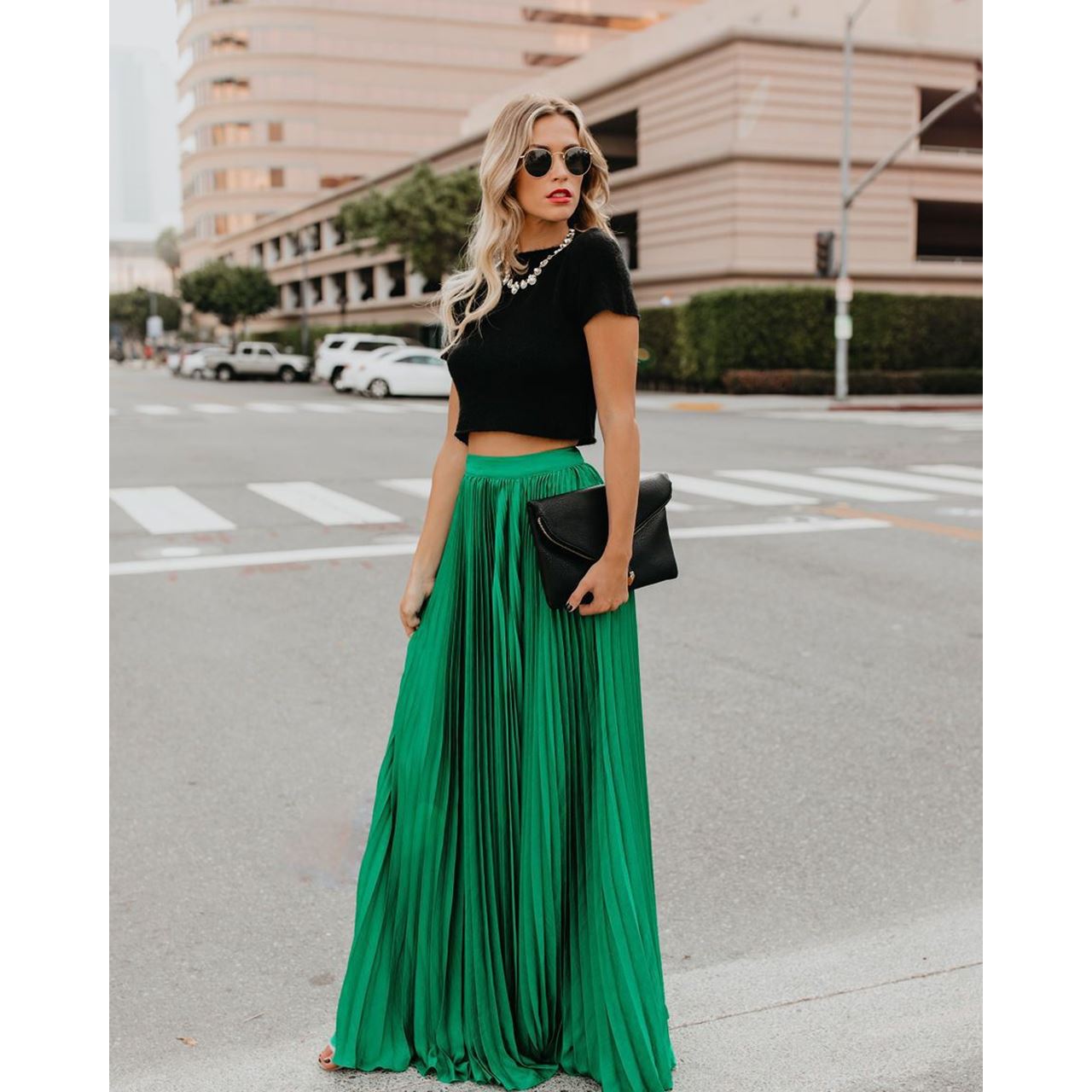 Women's High-Waist Maxi Skirt - Elegant Pleated Flowing Skirt - BellaBloom Green