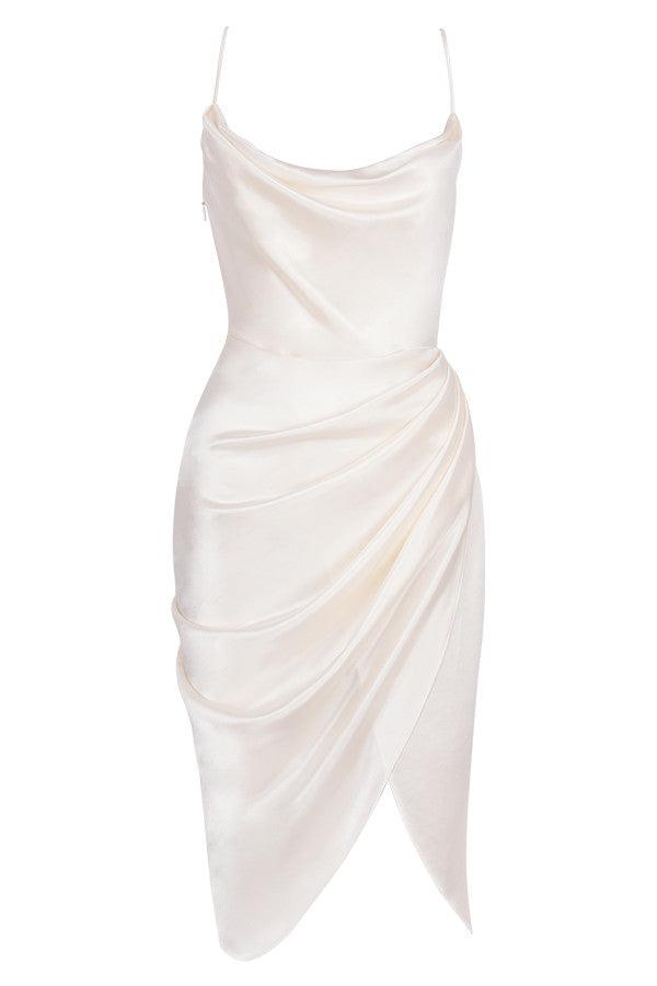 Satin Midi Dress for Women, Cowl Neck, High Slit - EveningMuse