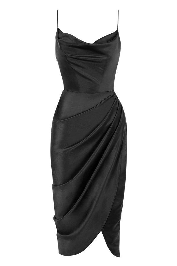 Satin Midi Dress for Women, Cowl Neck, High Slit - EveningMuse