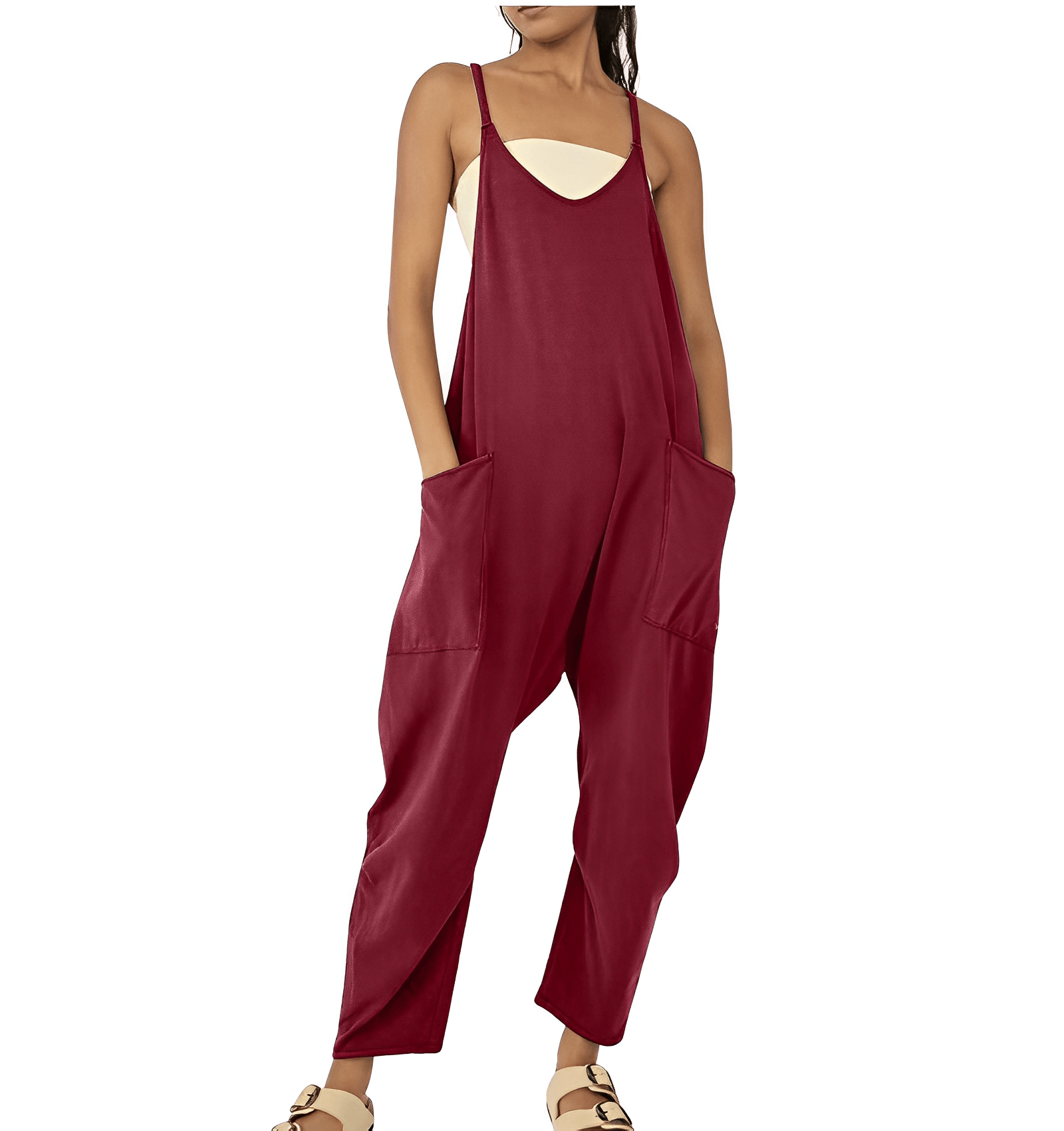 Sleeveless Casual Jumpsuit with Pockets for Women - ChicEase Wine red