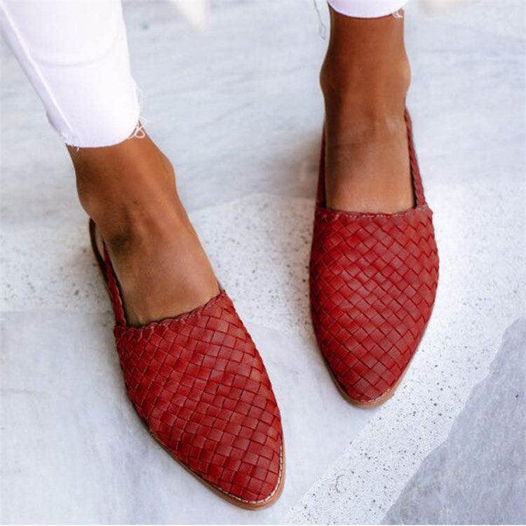 Women’s Slip-On Flats – Woven Texture – Pointed Toe – Flexible Breathable Fit Red