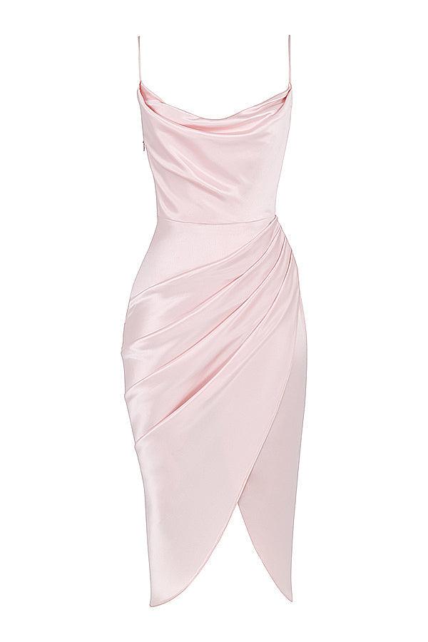 Satin Midi Dress for Women, Cowl Neck, High Slit - EveningMuse