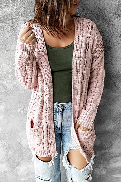 Women's Cable Knit Cardigan with Pockets - Cozy Longline - KnitEase Pink