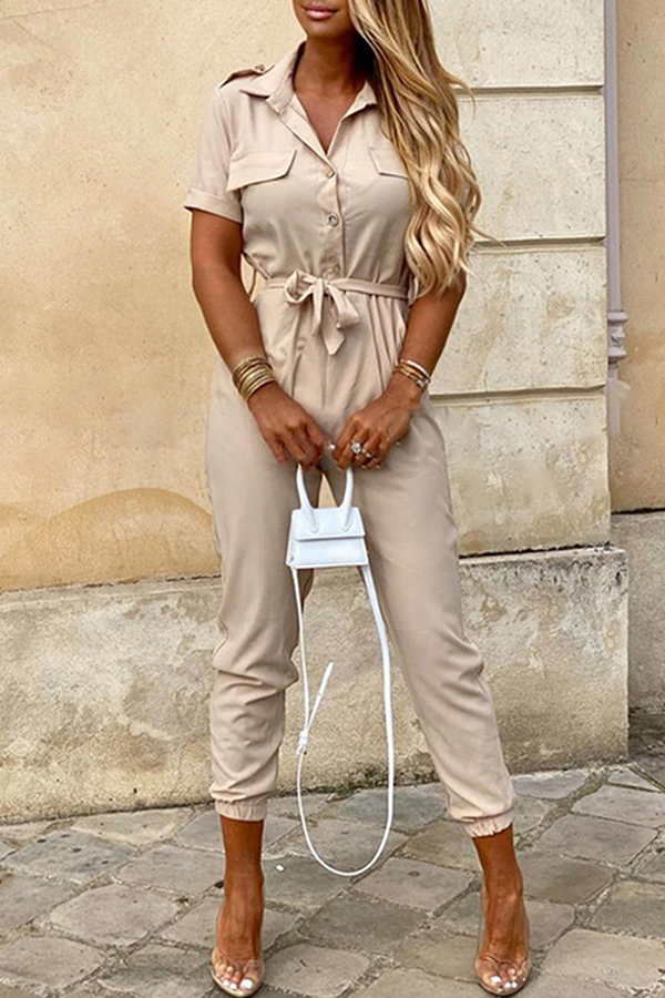Elegant Women's Belted Jumpsuit with Shawl Collar - ChicStyle Apricot