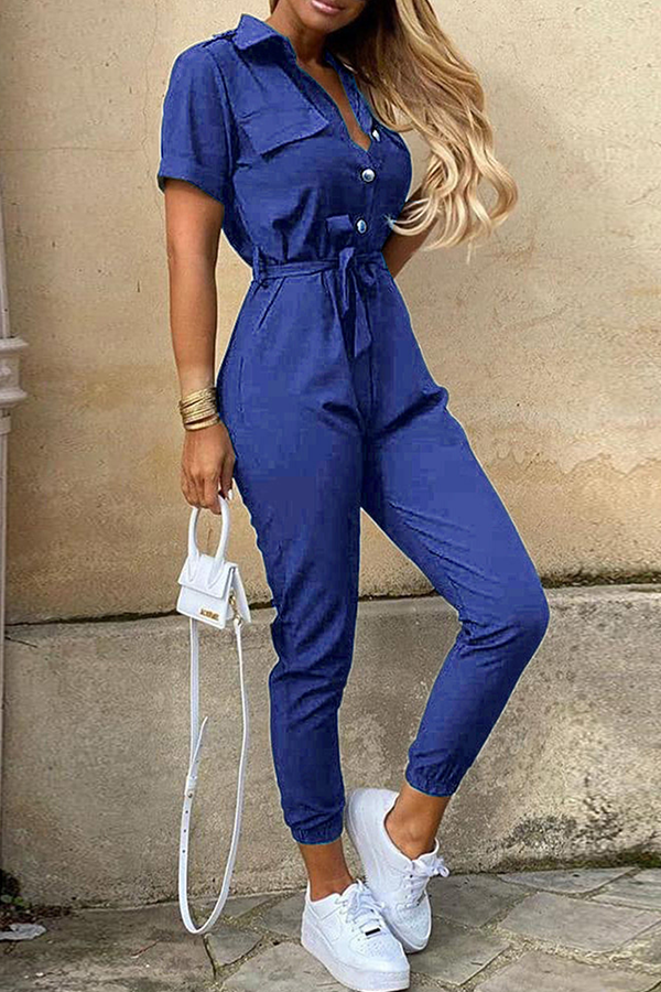 Elegant Women's Belted Jumpsuit with Shawl Collar - ChicStyle Blue