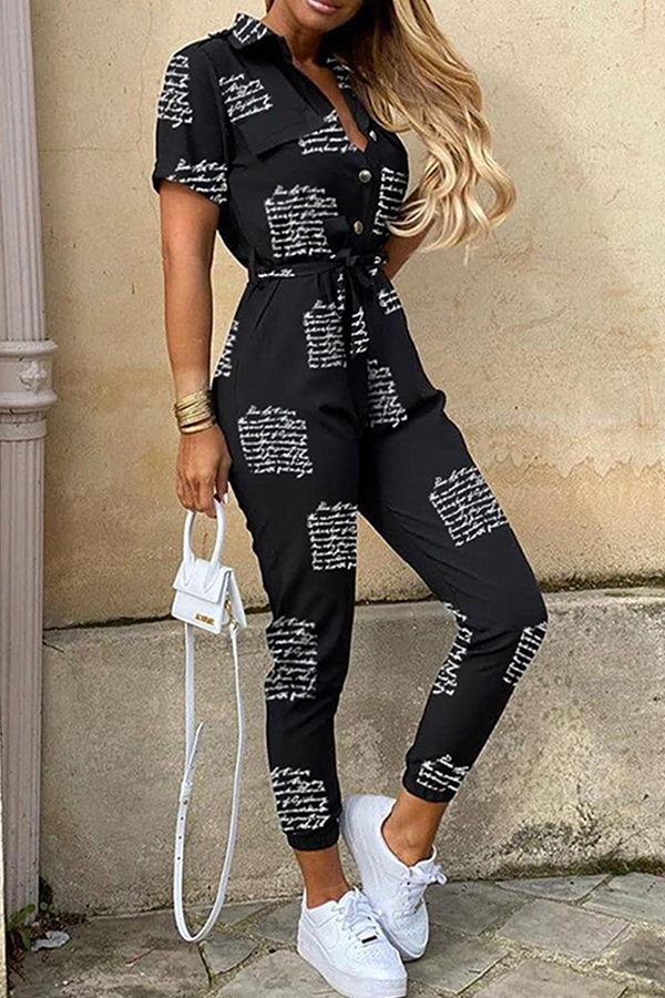 Elegant Women's Belted Jumpsuit with Shawl Collar - ChicStyle Print Letter