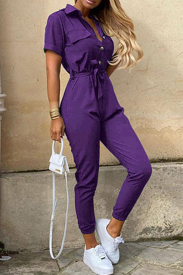 Elegant Women's Belted Jumpsuit with Shawl Collar - ChicStyle Purple