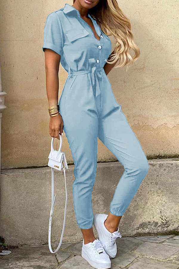 Elegant Women's Belted Jumpsuit with Shawl Collar - ChicStyle Skyblue