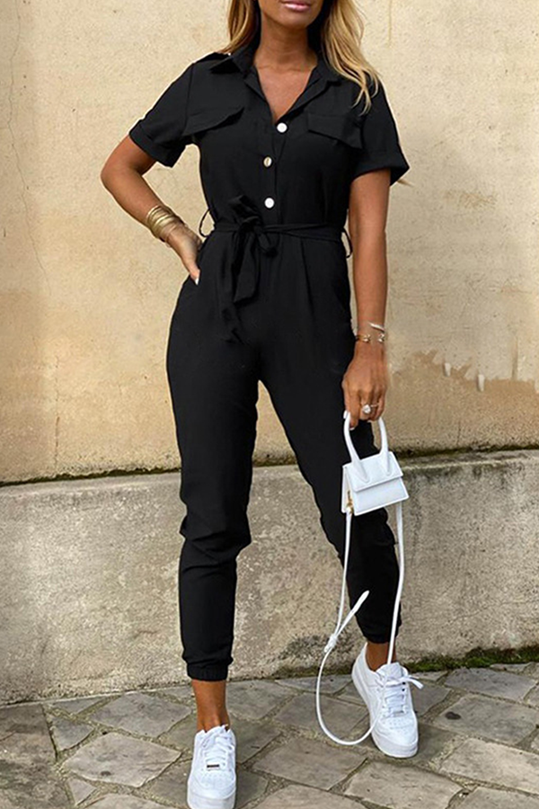 Elegant Women's Belted Jumpsuit with Shawl Collar - ChicStyle Black