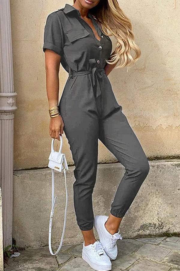 Elegant Women's Belted Jumpsuit with Shawl Collar - ChicStyle Grey