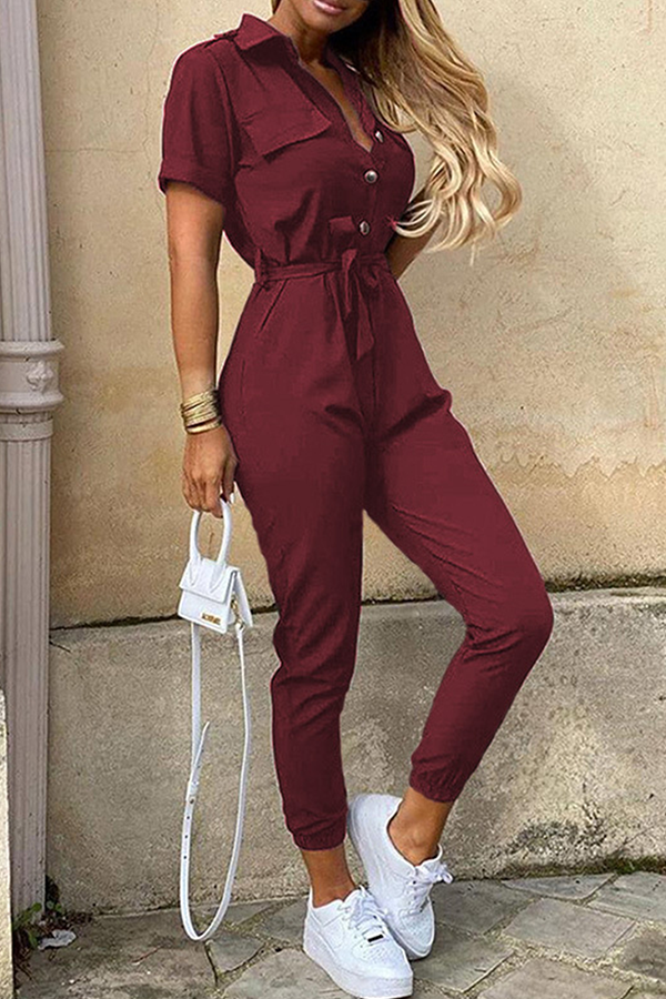 Elegant Women's Belted Jumpsuit with Shawl Collar - ChicStyle Burgundy