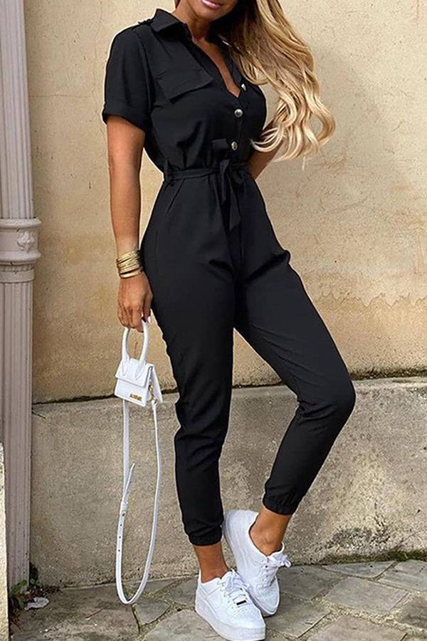Elegant Women's Belted Jumpsuit with Shawl Collar - ChicStyle