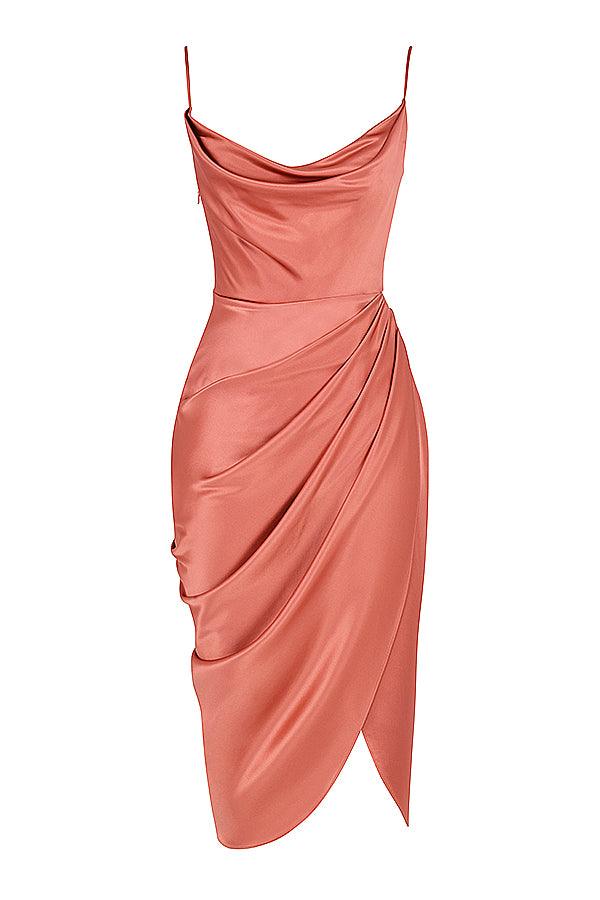 Satin Midi Dress for Women, Cowl Neck, High Slit - EveningMuse
