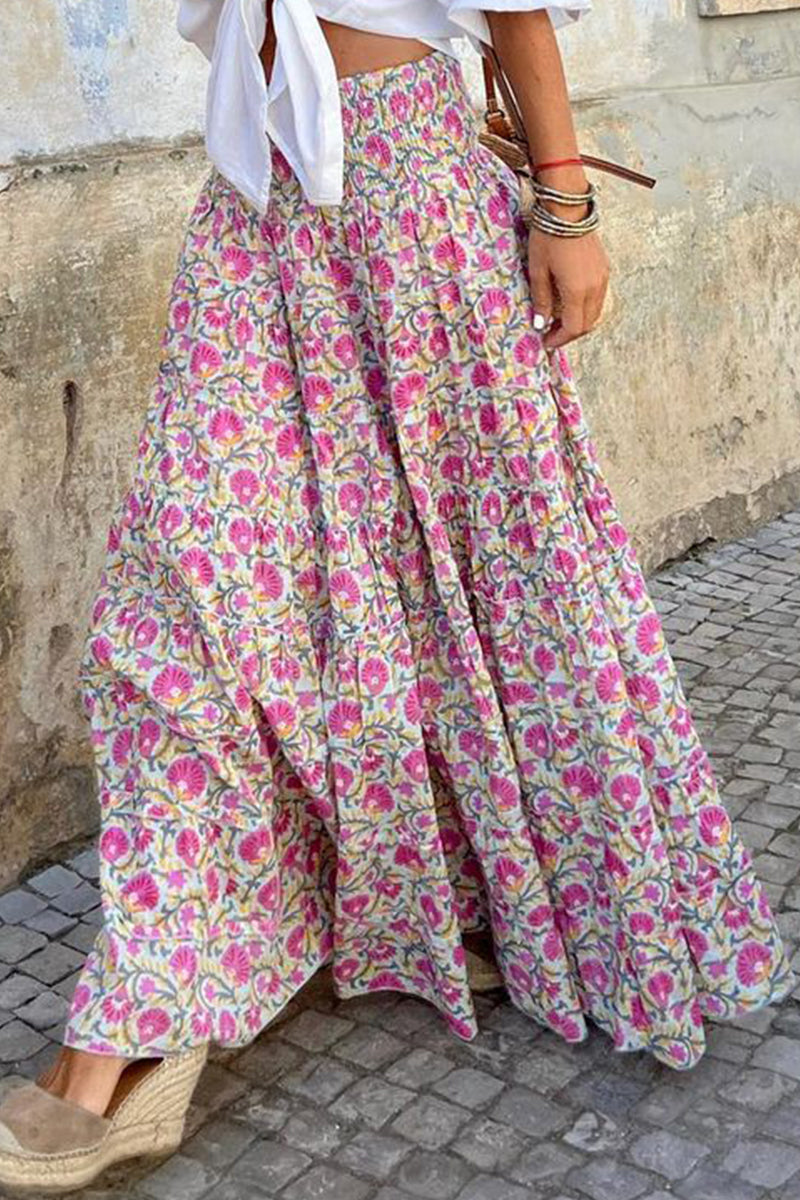 Women's High Waisted Printed Midi Skirt - StyleFlow Pink
