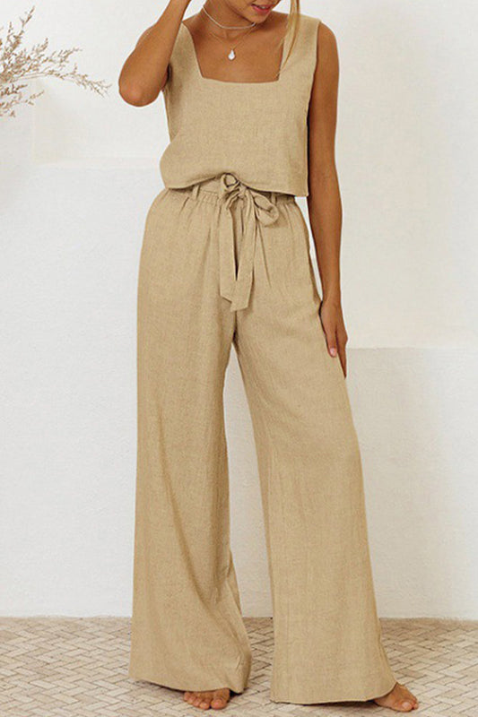 Women's Flowy Jumpsuit Set - Sleeveless Tie-Waist Romper - SummerEase Khaki