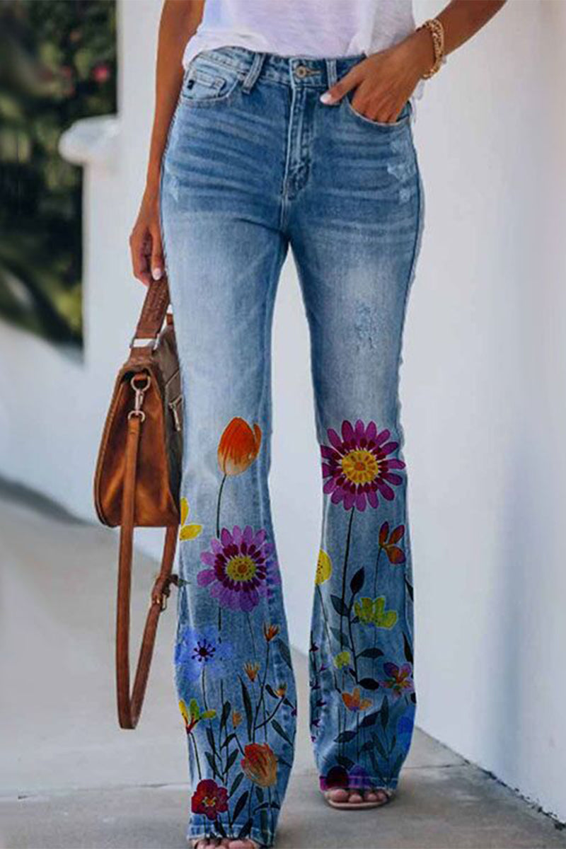 Floral Pocket Denim Jeans for Women - BloomDenim Colorful Blue