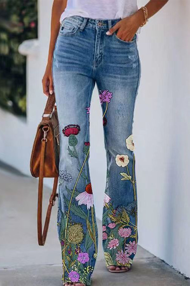 Floral Pocket Denim Jeans for Women - BloomDenim Red blue