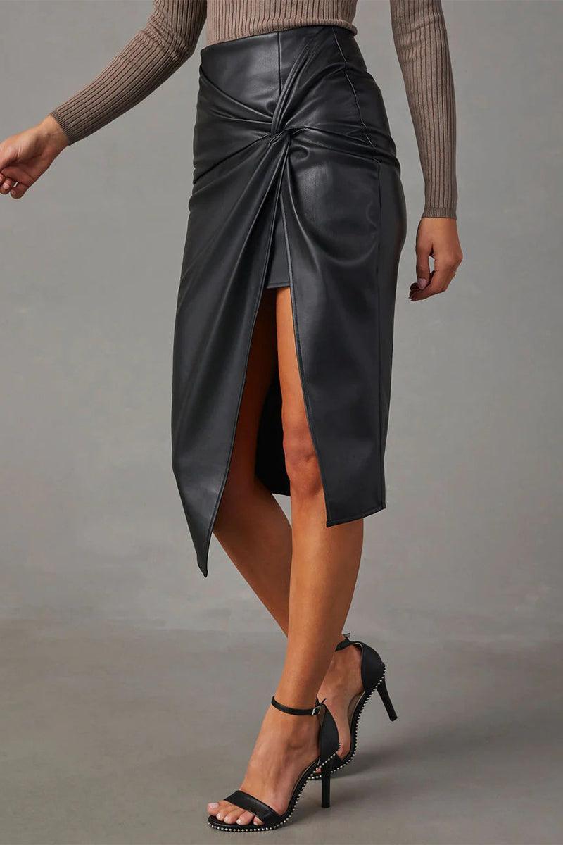Women's High-Waisted Faux Leather Wrap Skirt - EdgyModa