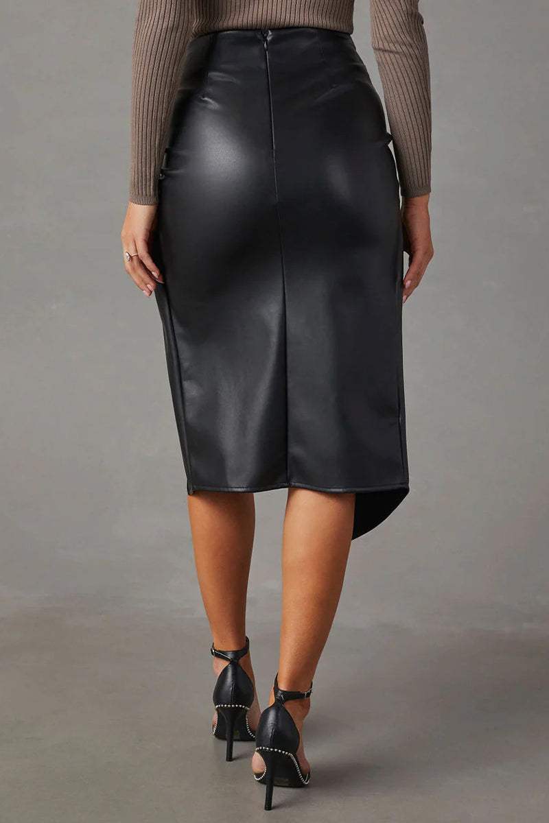Women's High-Waisted Faux Leather Wrap Skirt - EdgyModa