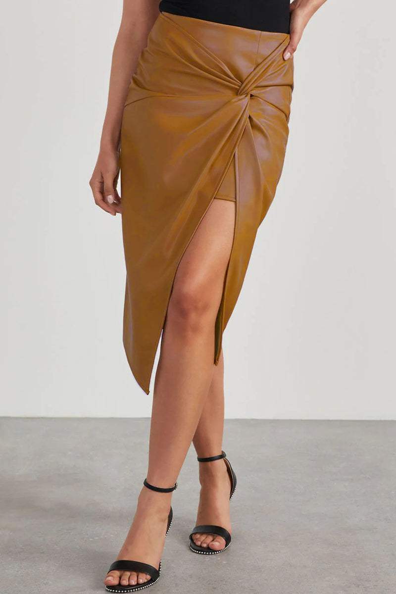 Women's High-Waisted Faux Leather Wrap Skirt - EdgyModa Apricot