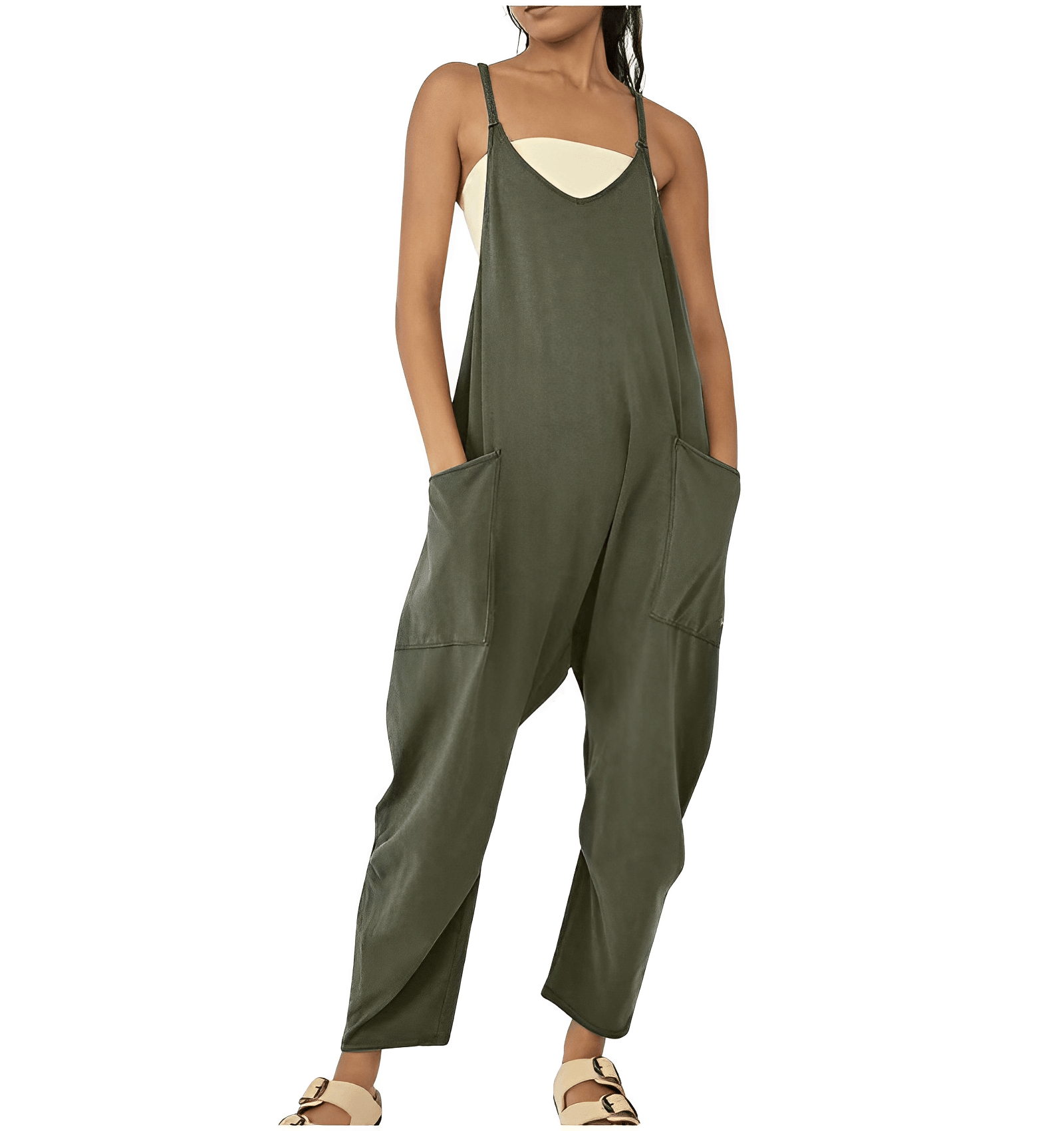Sleeveless Casual Jumpsuit with Pockets for Women - ChicEase Army green