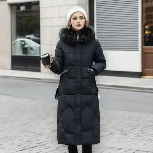 Women's Slim Fit Padded Coat Detachable Fur - WinterGlam Black