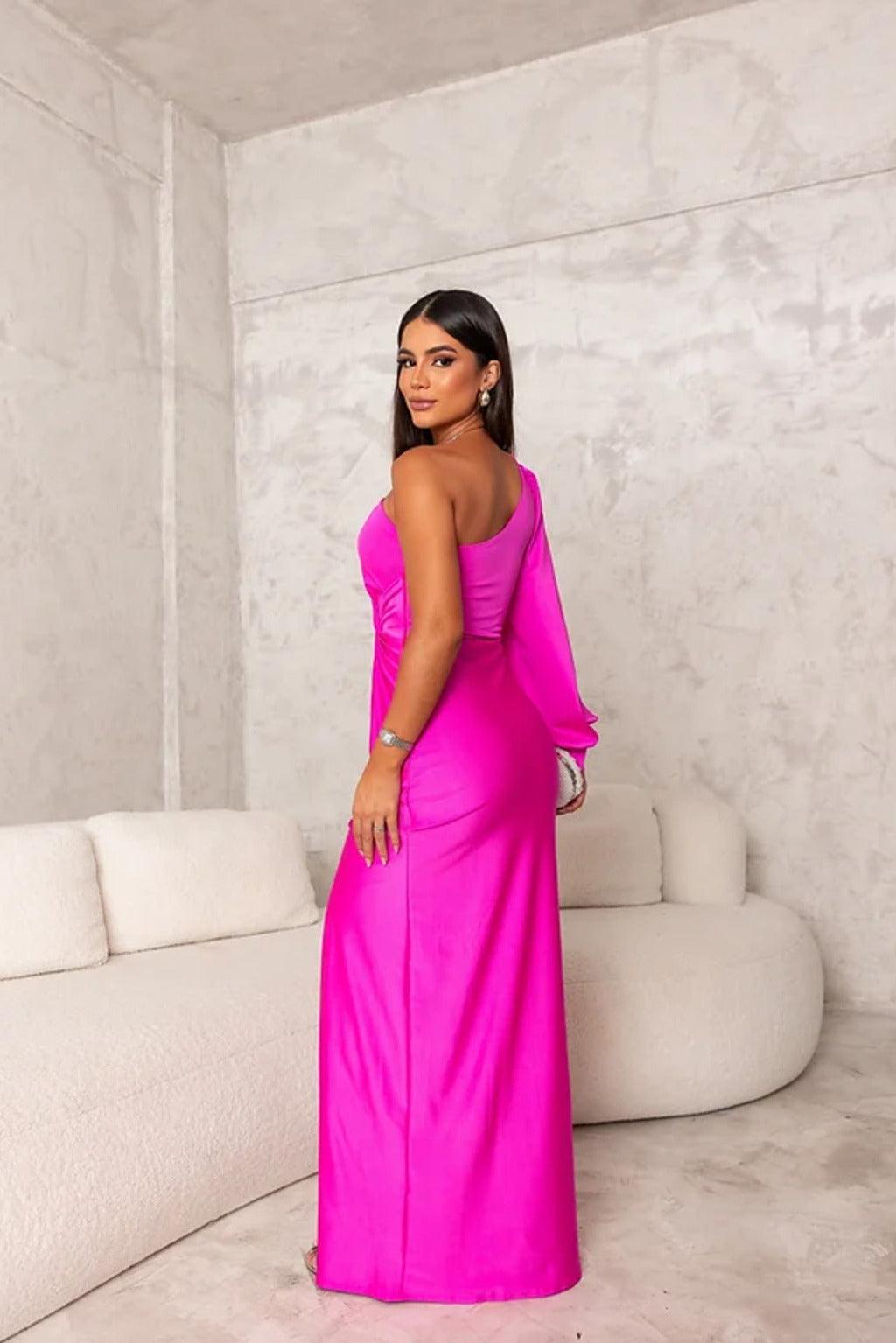 Elegant One-Shoulder Maxi Dress High Slit - EveningStar