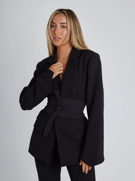 Women's Tailored Blazer - Belted Waist, Structured Shoulders - PowerSuit Black