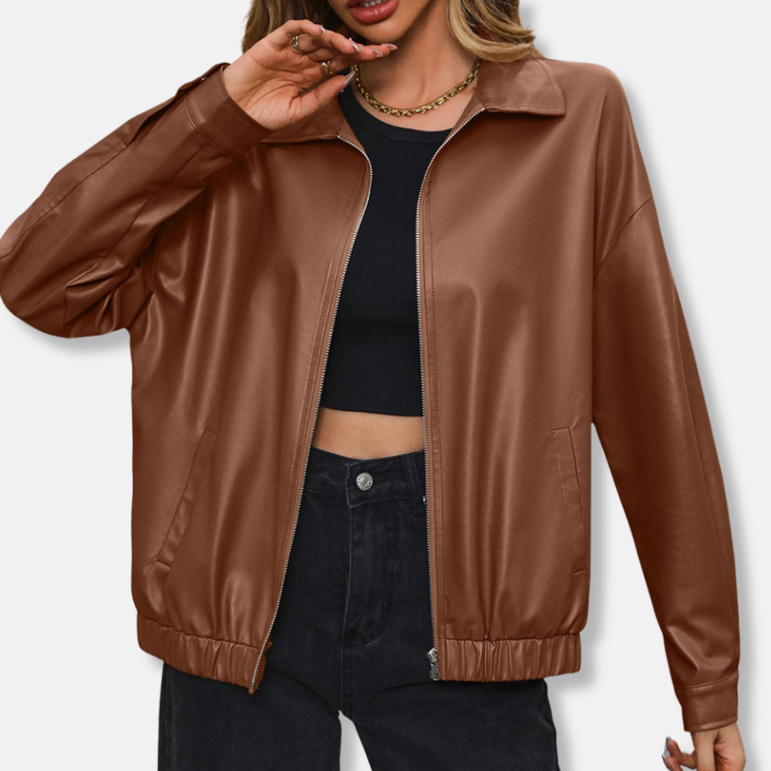 Women's PU Leather Biker Jacket Relaxed Fit Cropped - UrbanEdge Brown