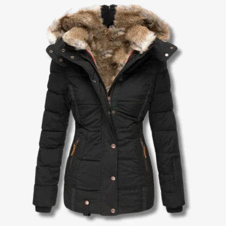 Women's Quilted Puffer Coat Faux Fur Hood - WinterWarm Black