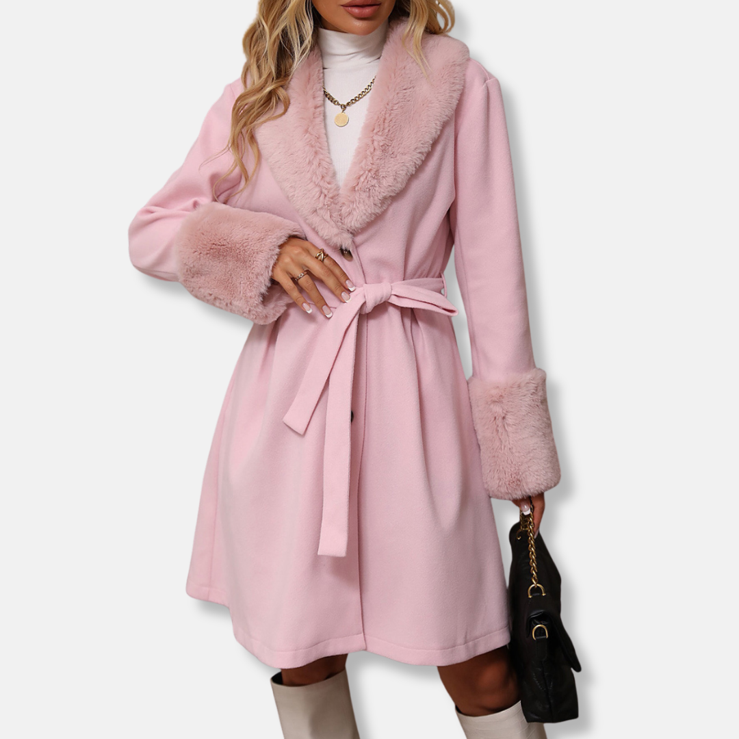 Women's Tailored Trench Coat Faux Fur Trim - WinterBelle Pink