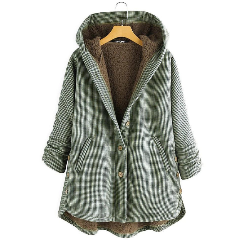 Women's Hooded Checked Coat Button Up - PlaidWrap Green