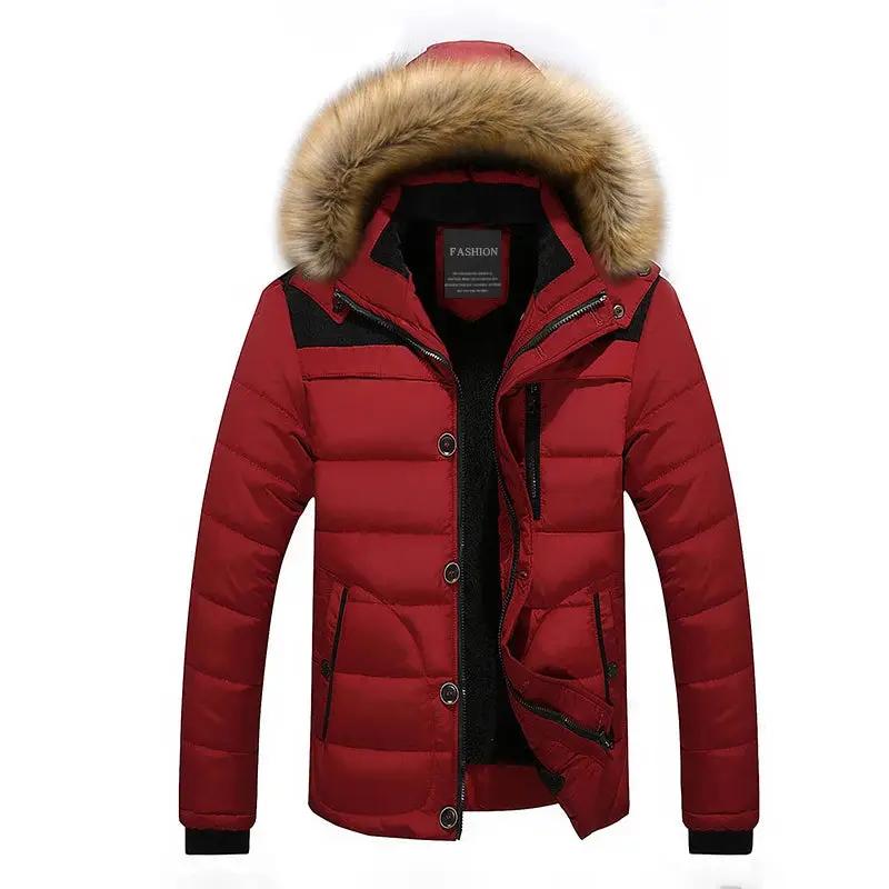 Men's quilted winter coat with fur trim Red