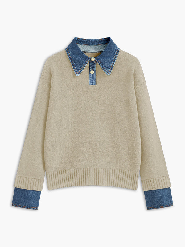 Women’s Sweater – Relaxed Fit – Knit Body – Denim Collar and Cuffs – Layered Look Apricot