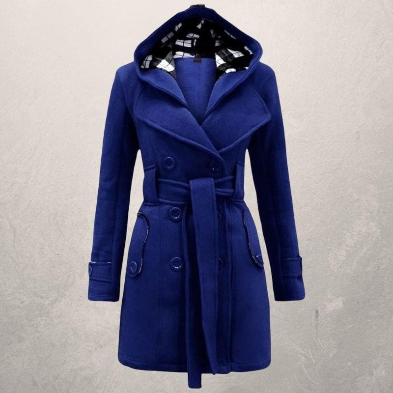 Women's Wool Blend Hooded Coat - Chic Belted Winter Overcoat - WinterGrace Blue