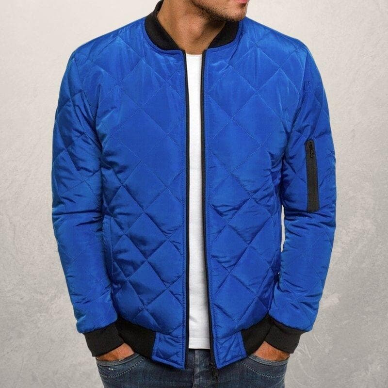 Men’s Bomber Jacket – Quilted Diamond Pattern – Wind Resistant – Ribbed Trim – Utility Pocket Light Blue