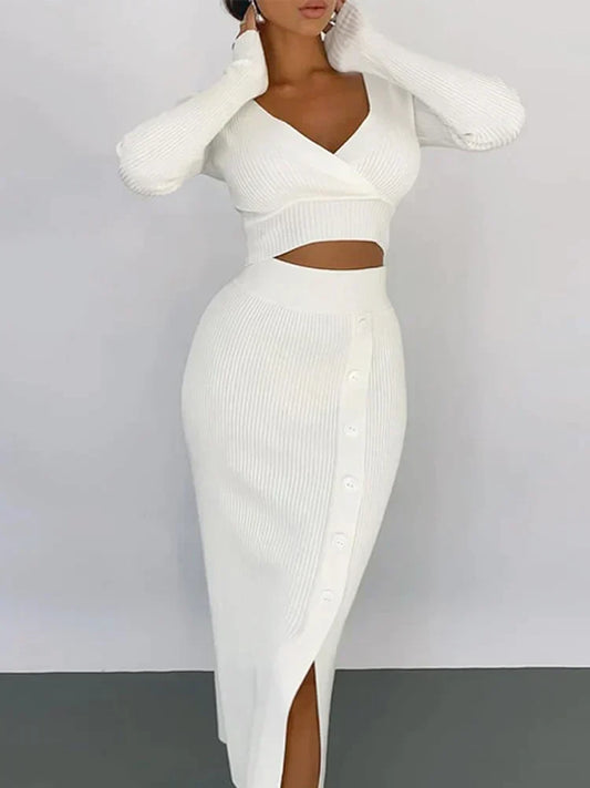 Women's Knit 2-Piece Set - V-Neck Crop Top & Midi Skirt - KnitChic White