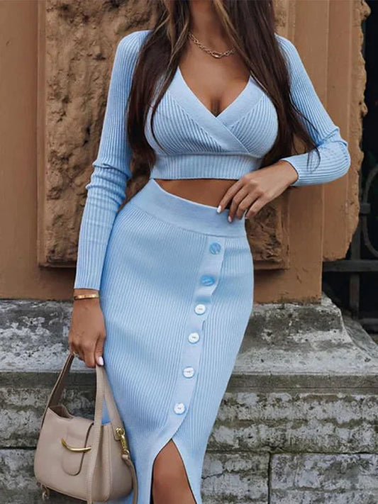 Women's Knit 2-Piece Set - V-Neck Crop Top & Midi Skirt - KnitChic