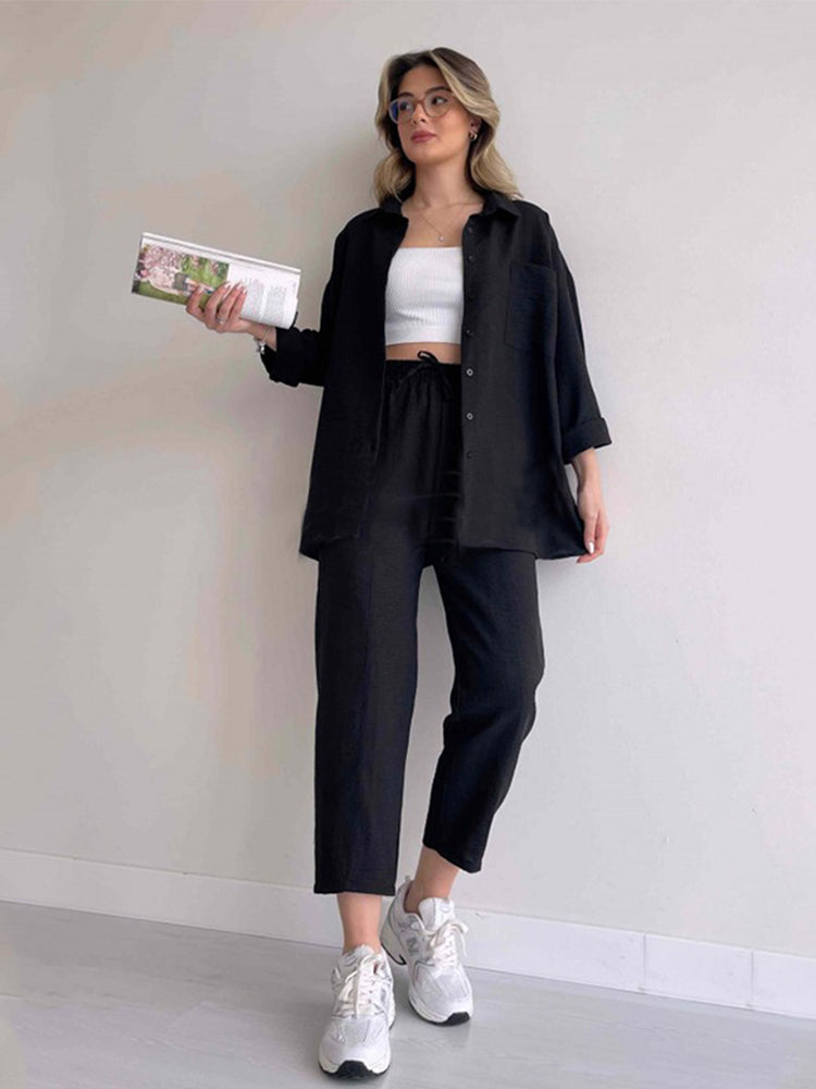 Women's 2-Piece Linen Set - Oversized & Relaxed Fit - BreezeSet Black